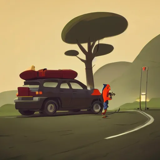 Prompt: hiker unloading the car before camping, style by goro fujita