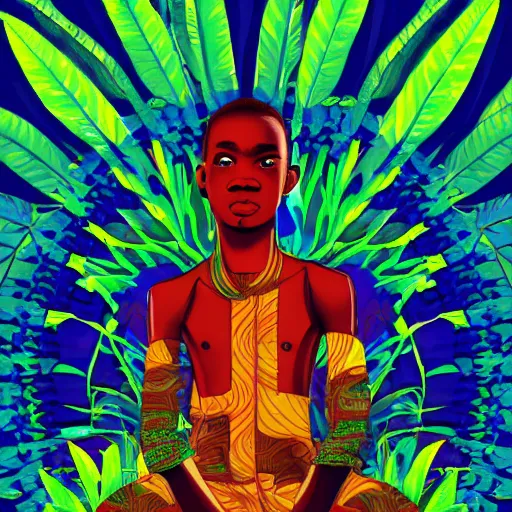 Prompt: african teen boy, peaceful, meditating, colourful digital art, colourful jungle, trending on artstation, detailed - i