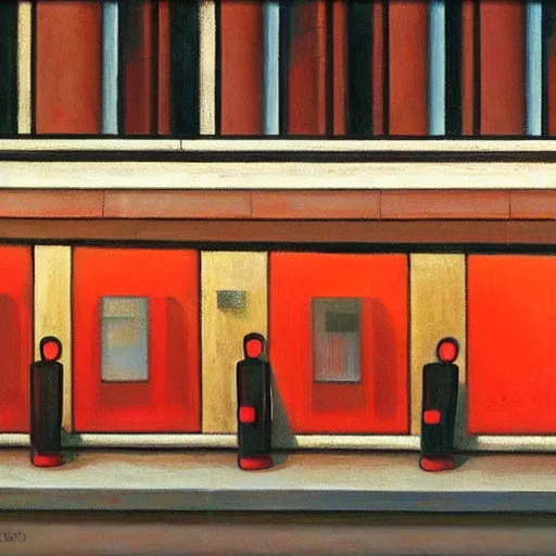 Image similar to red robots queue up in a drab brutalist town, street elevation, grant wood, pj crook, edward hopper, oil on canvas