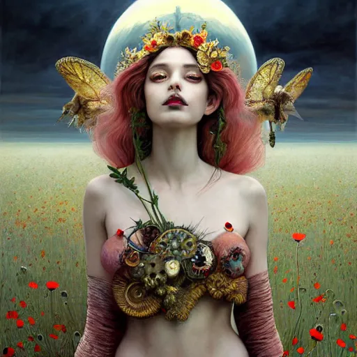 Image similar to young poppy queen, unique non conventional beauty, surreal, fantasy, intricate, elegant, dramatic lighting, emotionally evoking symbolic metaphor, highly detailed, lifelike, photorealistic, digital painting, artstation, concept art, smooth, sharp focus, illustration, art by Krenz Cushart and Artem Demura and Alphonse Mucha and Albert Aublet