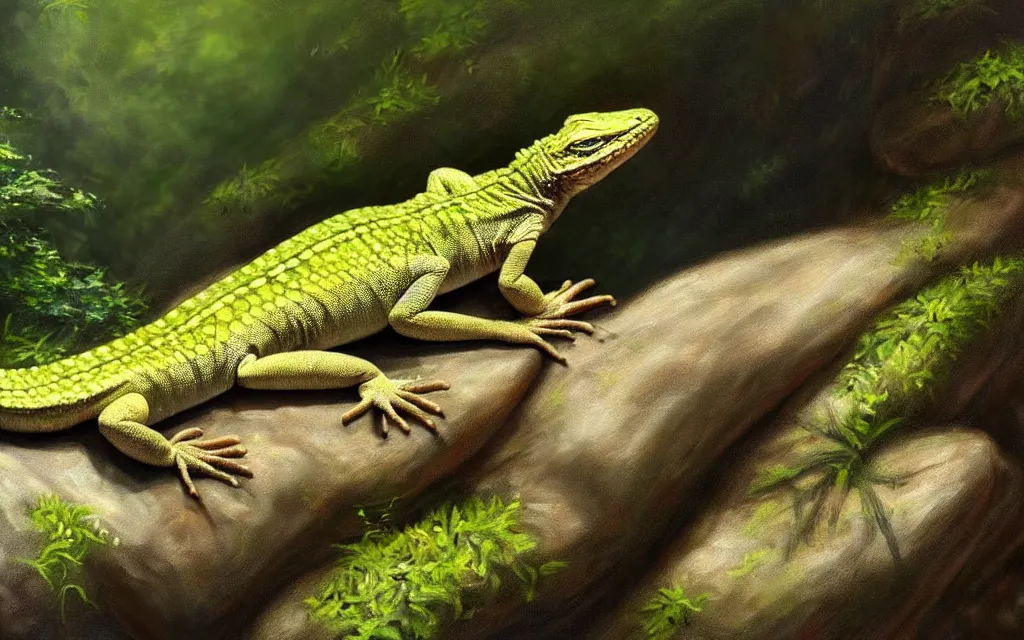 Image similar to A lizard sitting on a rock within a woodland creek, highly detailed, trending on pixiv, realistic oil paint artwork made in 2020.