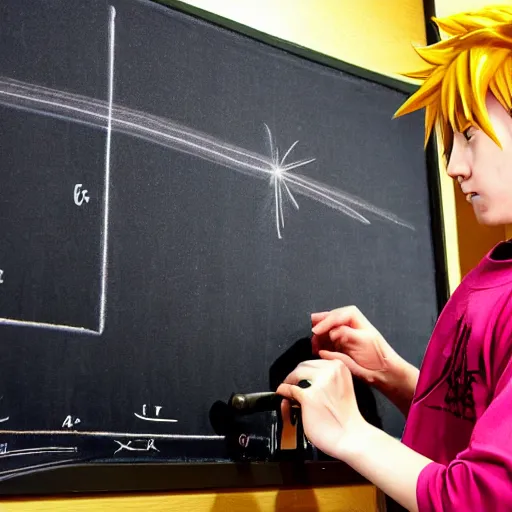 Image similar to Naruto solving quantum gravity on an blackboard, photograph, circa 2050