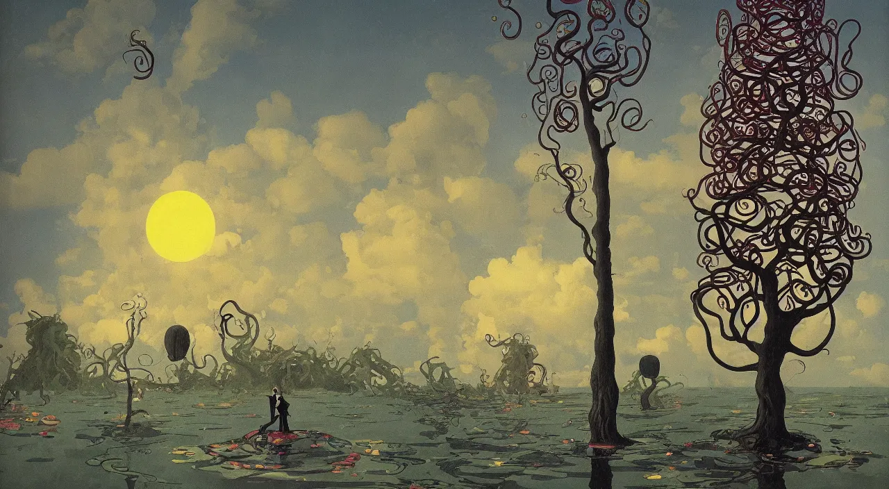 Image similar to single flooded simple tentacle tree tower!, very coherent and colorful high contrast!! masterpiece by rene magritte simon stalenhag carl spitzweg syd mead norman rockwell edward hopper james gilleard, minimalist, dark shadows, sunny day, hard lighting