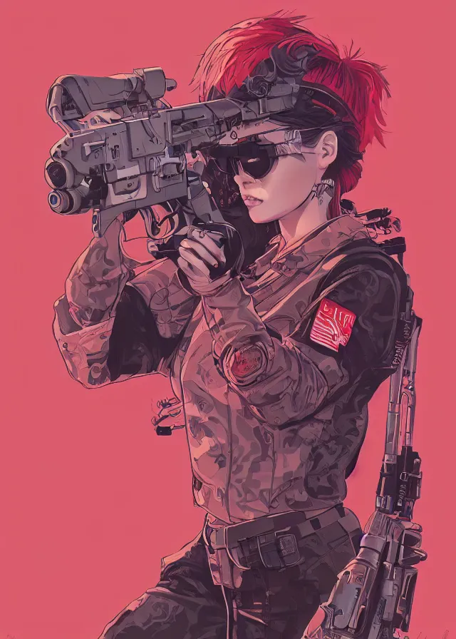 Prompt: highly detailed, ilya kuvshinov, rutkowski, simon roy, james jean, mcbess, portrait illustration of a cyberpunk military woman, colorful, cinematic composition, ray tracing, hyperrealism, photorealistic