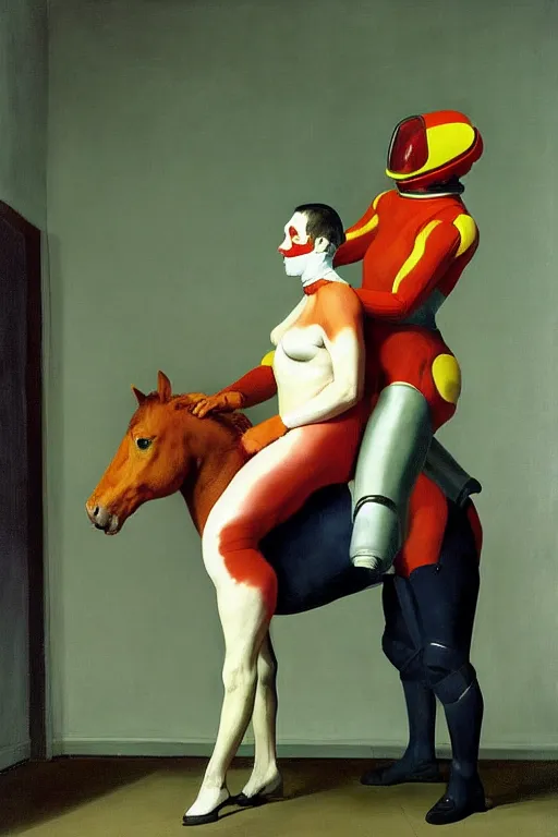Image similar to fetish game dominantrius dressed as a horse sits on the back of a man dressed as an astronaut, highly detailed painting by francis bacon, edward hopper, adrian ghenie, gerhard richter, and james jean soft light 4 k,