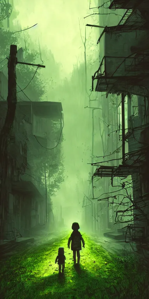 Image similar to abandoned apocalyptic old alley with a kid at the centre, trees background, epic green sunlight, perfect lightning, illustration by niko delort,