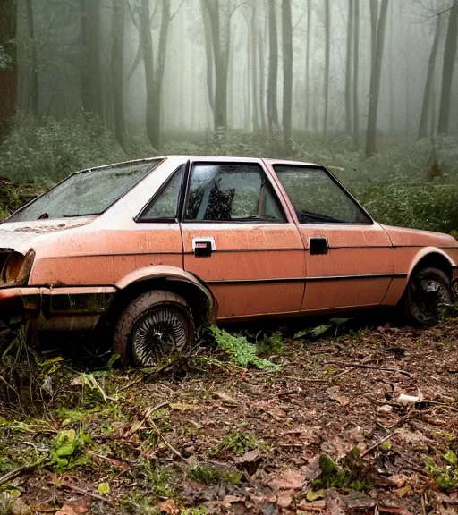 Image similar to crashed 1980s ford cortina, abandoned in a forest, fog, rural, damage, nature