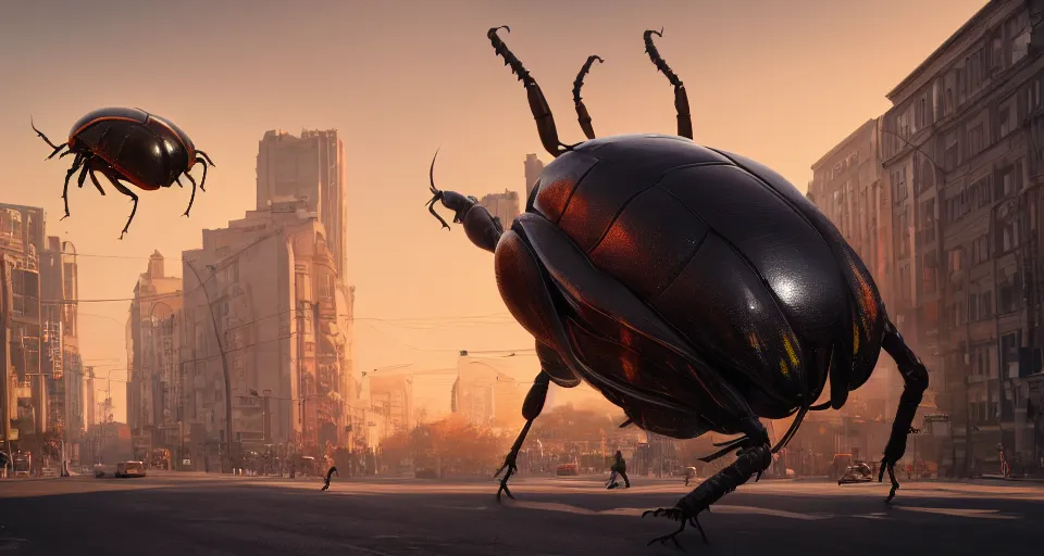 Prompt: giant beetle flies down the street, close up, hyperdetailed, artstation, cgsociety, golden hour 8k