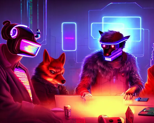 Image similar to high - resolution photograph from a cyberpunk era furry fandom convention ( midwest furfest 2 0 4 7 ), taking place after the genetic revolution and quantum singularity. photorealistic.