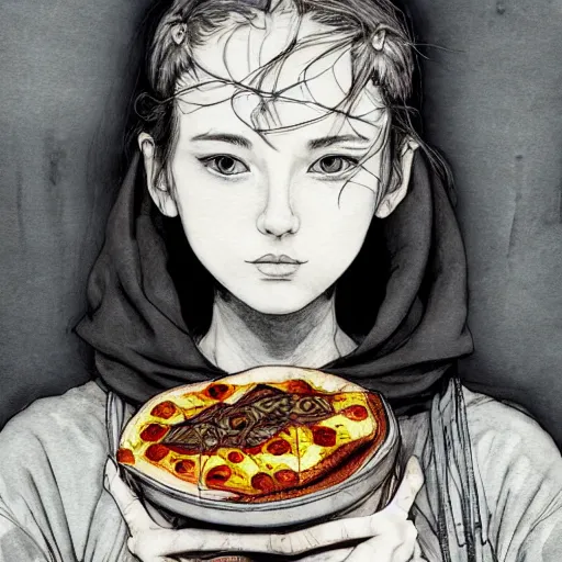 Image similar to portrait of a grungy girl, wearing a hoodie and sweatpants, symmetrical wings made of pizza, basic white background, symmetrical, watercolor, pen and ink, intricate line drawings, by Yoshitaka Amano, Ruan Jia, Kentaro Miura, Artgerm, detailed, trending on artstation, hd, masterpiece,