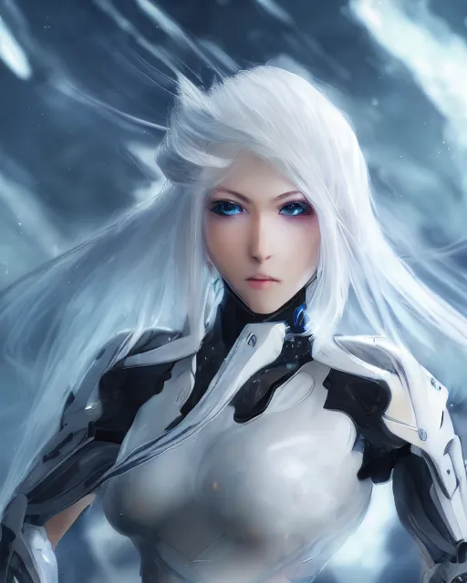 Image similar to perfect white haired girl, warframe armor, beautiful, dreamy, half asian, pretty face, blue eyes, detailed, windy weather, scifi platform, laboratory, experiment, 4 k, ultra realistic, epic lighting, cinematic, high detail, masterpiece, akihito tsukushi