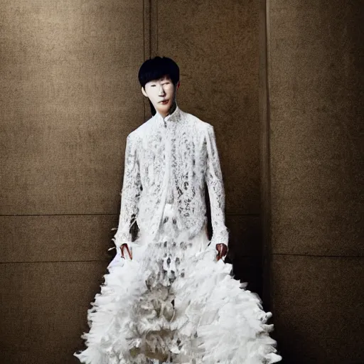 Image similar to a beautiful young korean male wearing a translucid lace wedding gown designed by alexander mcqueen, photographed by andrew thomas huang for a fashion editorial