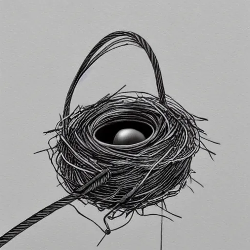 Image similar to Pencil sketch of a bird nest made out of earphones and earphone cables, eggs, detailed, professional art