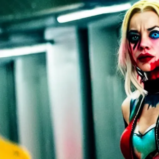 Prompt: A still of Kaley Cuoco as Harley Quinn in The Suicide Squad (2021)