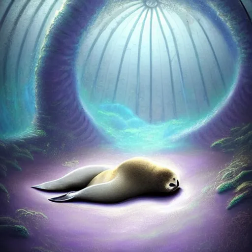 Image similar to beautiful digital fantasy illustration of a Prince in pastel!!!, whimsical acrylic modern pop surrealism, Even Giger-y dark overlords living in the ruins of an ancient system of tunnels and caves like to be comfy every once in a while!, A seal sleeping peacefully in a kelp forest, highly detailed, soft lighting, rendered in octane, masterpiece, very very very aesthetic