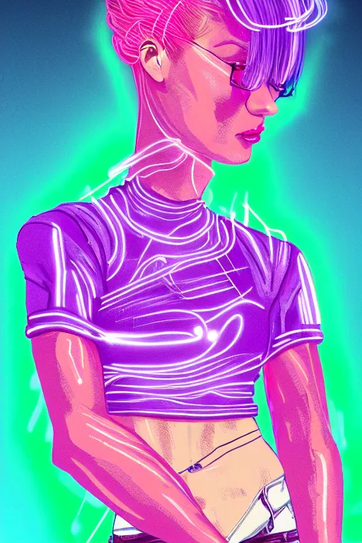 Image similar to a award winning half body portrait of a beautiful woman in a croptop and cargo pants with ombre purple pink teal hairstyle and hands in pockets by ari liloan, surrounded by whirling illuminated lines, outrun, vaporware, shaded flat illustration, digital art, trending on artstation, highly detailed, fine detail, intricate