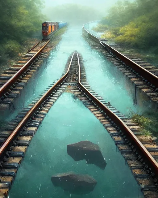 Prompt: train tracks stretching out toward the horzon that are submerged under a few inches of water in a wide pool of water, intricate, elegant, highly detailed, digital painting, artstation, concept art, smooth, sharp focus, illustration, art by artgerm and greg rutkowski and fra angelico