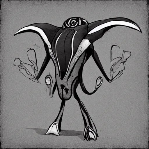 Prompt: design for a character with a manta ray head and arms attached by the back like a large blanket, alien, mutant, peaceful, art by tim shafer from his work on psychonauts by double fine, in collaboration with vivienne medrano, pencil sketches, professional art