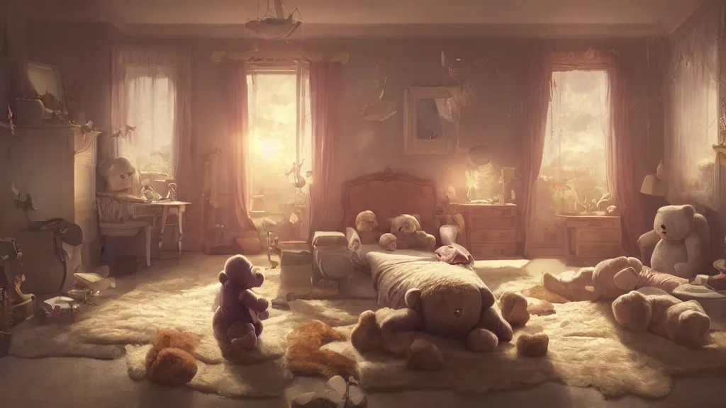 Image similar to a Photorealistic hyperrealistic render of an interior of a spoiled child's beautiful bedroom with a giant teddy bear sitting on the floor by PIXAR,Greg Rutkowski,WLOP,Artgerm,dramatic moody sunset lighting,long shadows,Volumetric, cinematic atmosphere, Octane Render,Artstation,8k