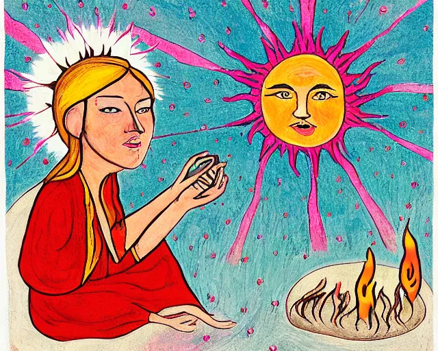 Prompt: small being in white robe with glowing pink eyes and sun ray flame hair holding lit matches and singing, flat folk art style, style of midsommar, Mu Pan, Julia Sarda