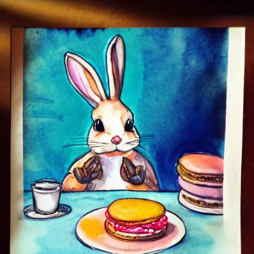 Image similar to A bunny wearing a baker's hat, a plate of macarons on the table. Water Colors, 2017