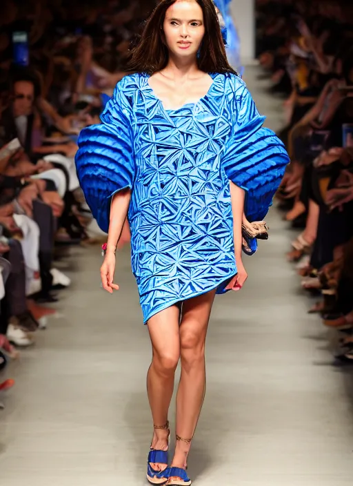 Prompt: full shot of beautiful model on runway wearing a blue roses dress in the style of issey miyake