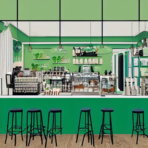 Image similar to interior design of a cafe, green and blue color scheme, vivid lighting, photorealist, 4 k