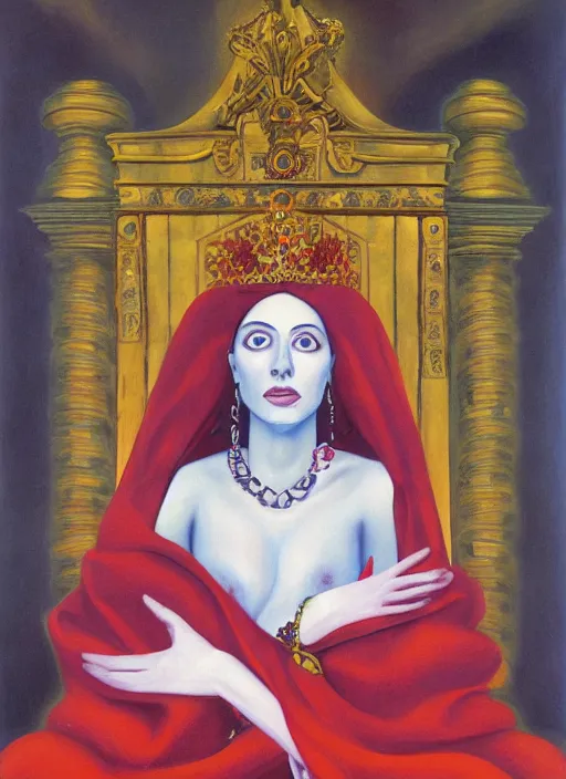 Image similar to oil painting of portait Queen of Ecstasy in a large throne room, Hungarian, by Georgia o Keeffe, by Marcel Jankowicz, animation