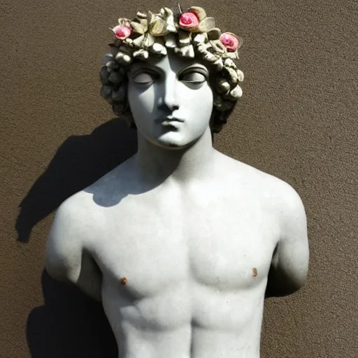 Image similar to antinous statue wearing venetian masquerade mask, symmetry, reflecting flower