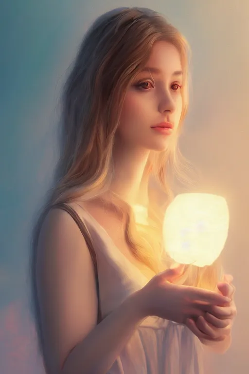 Prompt: dreamy portrait of a gorgeous girl holding a lantern, highly realistic smooth porcelain skin, pastel cloud in the head, intricate details, saturated matte colors, eye - candy, gorgeous, impressionism, artstation, volumetric lighting, studio lighting