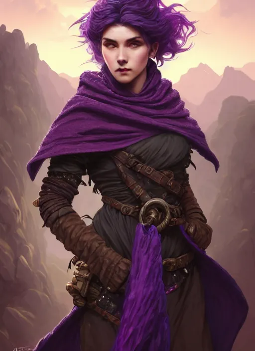 Image similar to photography of rugged girl, adventurer outfit large cloak, dragon scales, undercut hairstyle, short purple black fade hair, deep focus, d & d, fantasy, intricate, elegant, highly detailed, digital painting, artstation, concept art, matte, sharp focus, illustration, hearthstone, art by artgerm and greg rutkowski and alphonse mucha