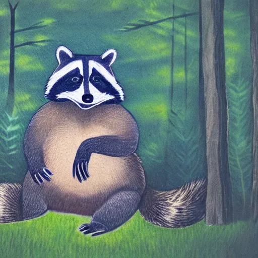 Prompt: a chubby raccoon, in forest, at night