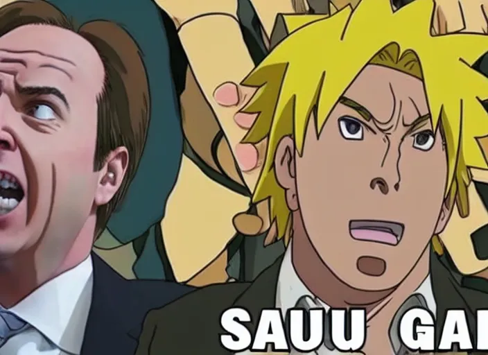 Image similar to youtube thumbnail saul goodman reacting to naruto