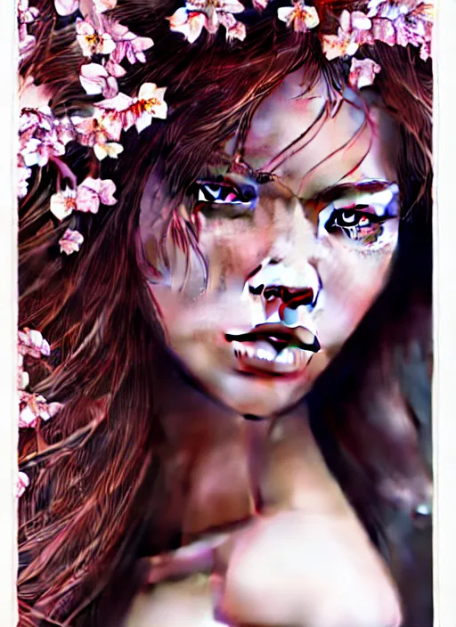 Image similar to photo of a gorgeous female with messy hair in the style of stefan kostic, realistic, body shot, sharp focus, 8 k high definition, insanely detailed, intricate, elegant, art by stanley lau and artgerm, cherry blossoms