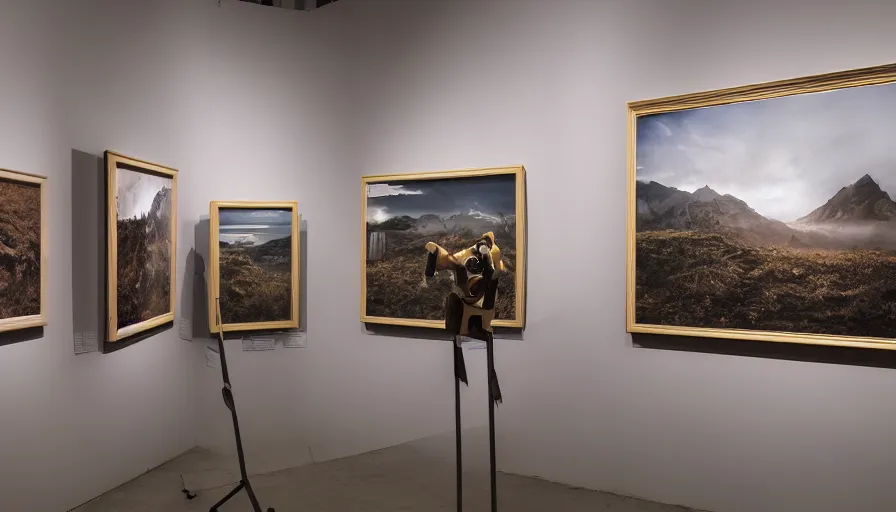 Image similar to photo of robots in a gallery holding paintbrushes against photos of natural landscapes, dramatic lighting, 4 k