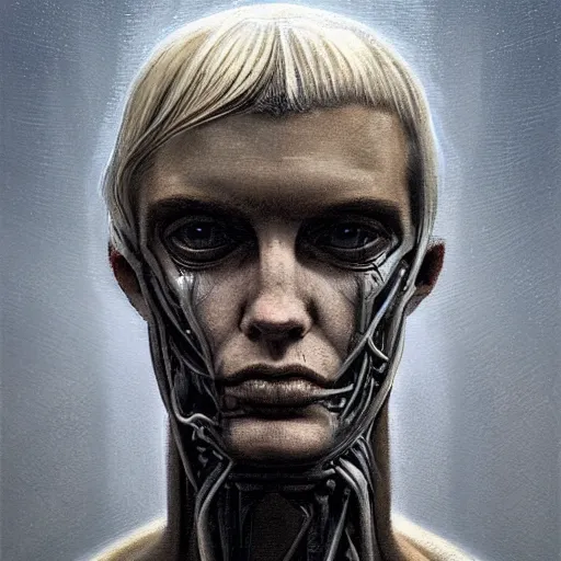 Prompt: surreal portrait of a man by Greg Rutkowski and H.R Giger, symmetrical face, he is about 30 years old, west slav features, short blonde hair with bangs, attractive, smart looking, slim, somewhat androgenic, transformed into a kind of biomechanical transhuman angel, disturbing, terrifying but fascinating, with a determined and sinister expression on his face, cosmic void background, frightening, fascinating, highly detailed portrait, digital painting, book cover, artstation, concept art, smooth, sharp foccus ilustration, Artstation HQ