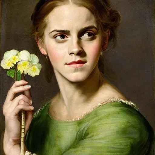 Prompt: Emma Watson wearing green tunic holding a flower. Painted by Rubens, high detail