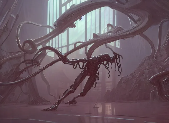 Prompt: science fiction laboratory with a beautiful muscular demon woman with long boney limbs terrorizing the lab in the style of ralph mcquarrie, jakub rebelka and glenn fabry, futuristic, tentacles and bones, transparent carapace, god rays, flooded station, artstation, cinematic lighting, foggy