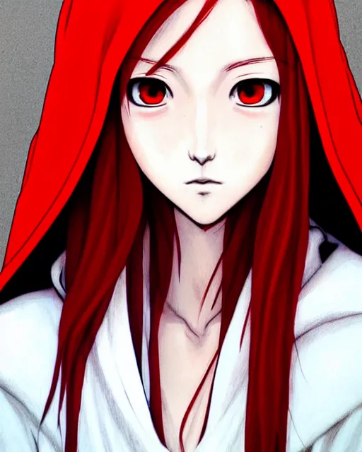 Prompt: portrait Anime white woman with red hair; cloak with hood || pretty face, realistic shaded Perfect face, fine details. Anime. realistic shaded lighting by Kim Jung Gi