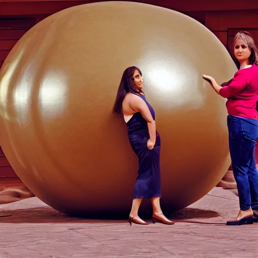 Prompt: a woman standing next to a large wooden ball, a marble sculpture by fernando botero, pexels contest winner, qajar art, full body, windows vista, ray tracing