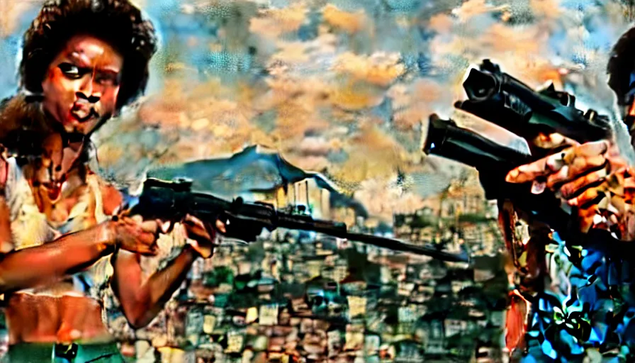 Image similar to 1 9 8 6 movie screencap of a couple with a gun on a rio de janeiro, gucci clothes, sparkes sky, beautiful favela background extremely utra high quality artwork 8 k