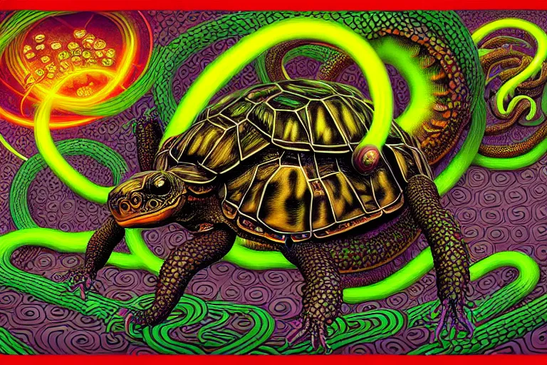 Prompt: a detailed digital art painting of a cell shaded cyberpunk ornate magick oni dragon with occult futuristic effigy of a beautiful field of mushrooms that is a adorable turtle atomic latent snakes in between ferret biomorphic molecular psychedelic hallucinations in the style of escher, alex grey, stephen gammell inspired by realism, symbolism, magical realism and dark fantasy, crisp