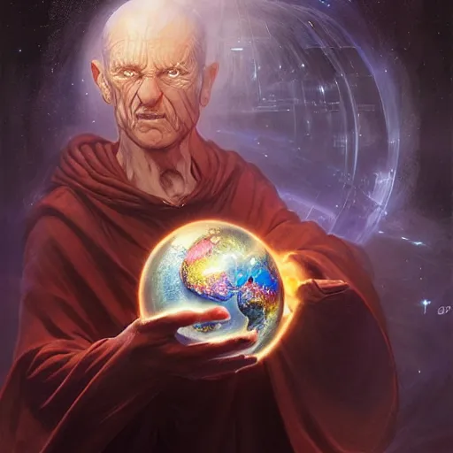 Image similar to the creator of worlds wearing a cloak and holding a holographic planet projection in his hand, detailed, sci - fi, digital painting, artstation, sharp focus, illustration, ominous, artgerm, tomasz alen kopera, peter mohrbacher, donato giancola, joseph christian leyendecker, wlop, frank frazetta