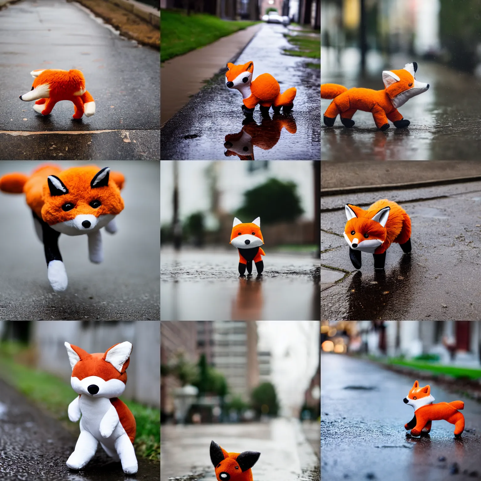 Prompt: A stuffed animal fox plushie running through a puddle on the sidewalk, Sigma 85mm Lens F/1.8, award winning photography