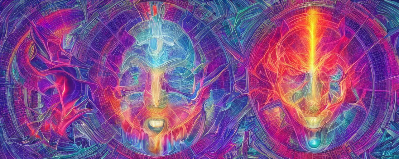 Image similar to transformation, transcendence into collaborative intelligence, endless collaboration with ai, connectedness, body, by alex grey, album cover, award winning, beautiful, colorful, volumetric lighting, trending on artstation, cinematic