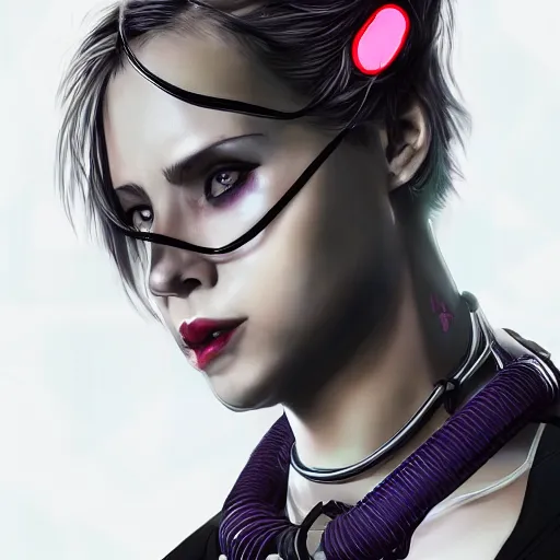 Image similar to detailed realistic female character cyberpunk wearing thick steel collar around neck, realistic, art, beautiful, 4K, collar, choker, collar around neck, punk, artstation, detailed, female, woman, choker, cyberpunk, neon, punk, collar, choker, collar around neck, thick collar, choker around neck, wearing choker, wearing collar,