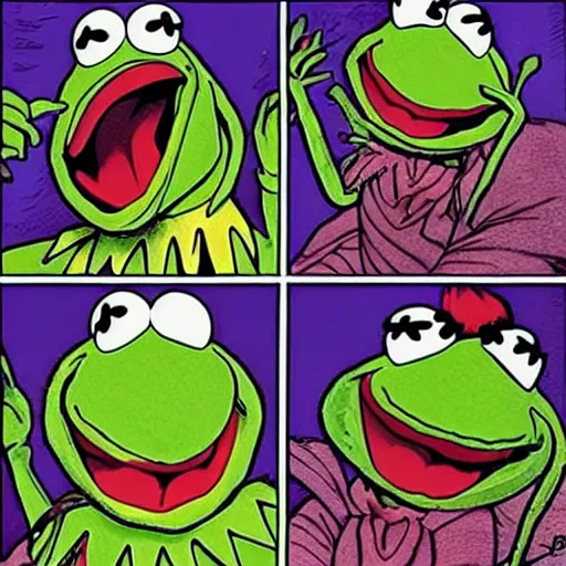 Prompt: Kermit the Frog from Sesame Street in a Junji Ito horror comic