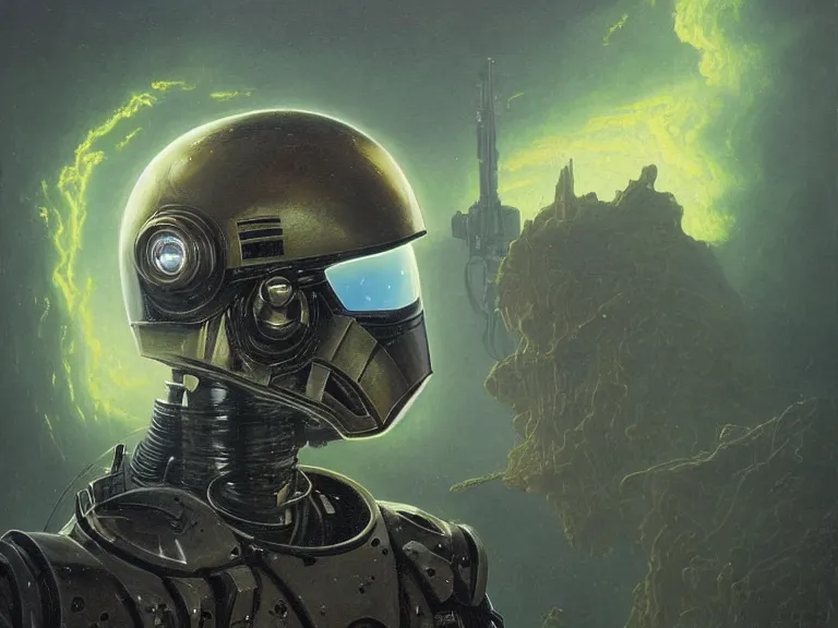 Image similar to a detailed profile portrait oil painting of a lone shock trooper in a space armour with reflective helmet, cinematic sci-fi poster. technology flight suit, bounty hunter portrait symmetrical and science fiction theme with lightning, aurora lighting clouds and stars by beksinski carl spitzweg and tuomas korpi. baroque elements, full-length view. baroque element. intricate artwork by caravaggio. Trending on artstation. 8k