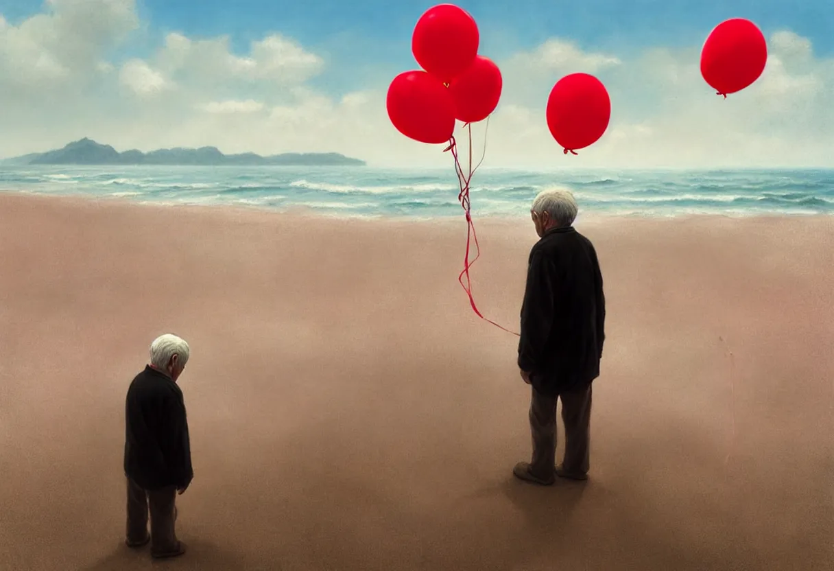 Image similar to lonely old man on the beach, holding red balloons. extremely high fidelity, 8 k, super resolution, cinematic view, super resolution, epic, hyperdetailed, digital painting, artstation, concept art, smooth, sharp focus, octane render, dramatic lighting, ground level, art by artgerm and greg rutkowski and alphonse mucha and wlop