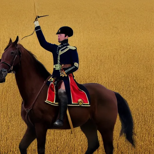 Prompt: portrait of russian hussar on horse, posing on wheat field, shot from The Duellists movie and the deluge, 4k resolution, detailed, concept art, oil painting, authentic costume